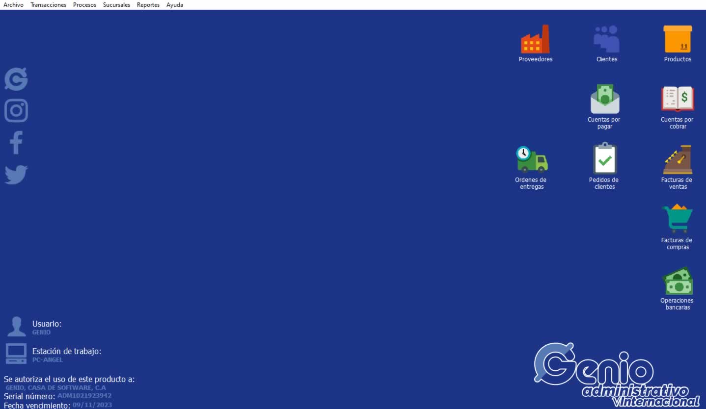 Pantalla Inicial Genio® Administrativo vInternacional